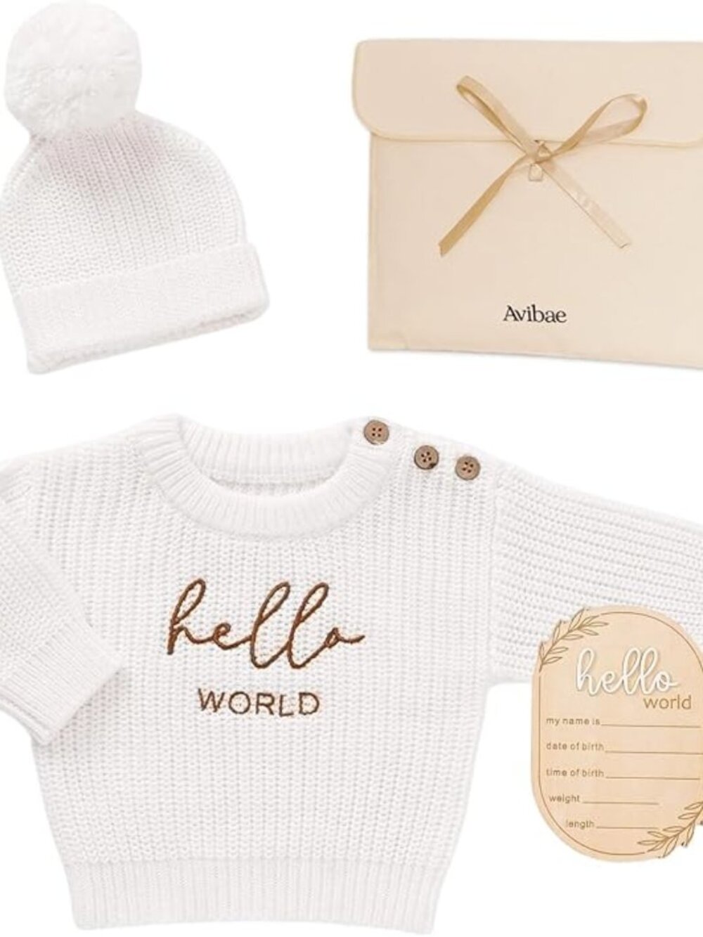 Avibae Baby Set Hello World Sweater Beanie Sign Newborn - 1 Month
